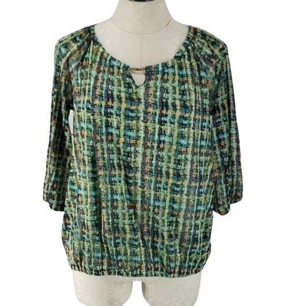 Larry Levine Green Blue Abstract Plaid Mesh Bubble Hem Blouse Medium